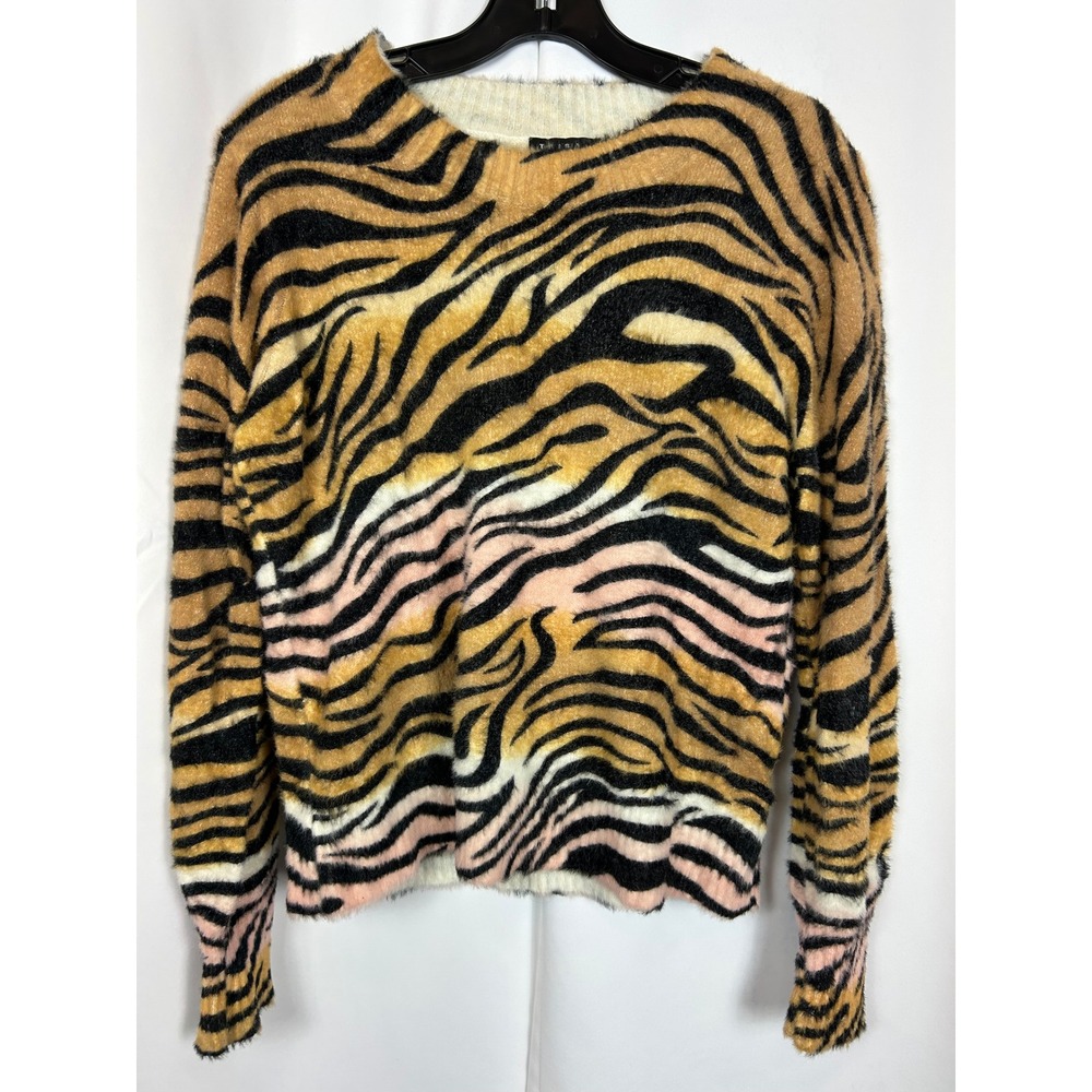 Tribal Tiger Animal Print Fuzzy Eyelash Knit Sweater Tan Black Pink Size P/S